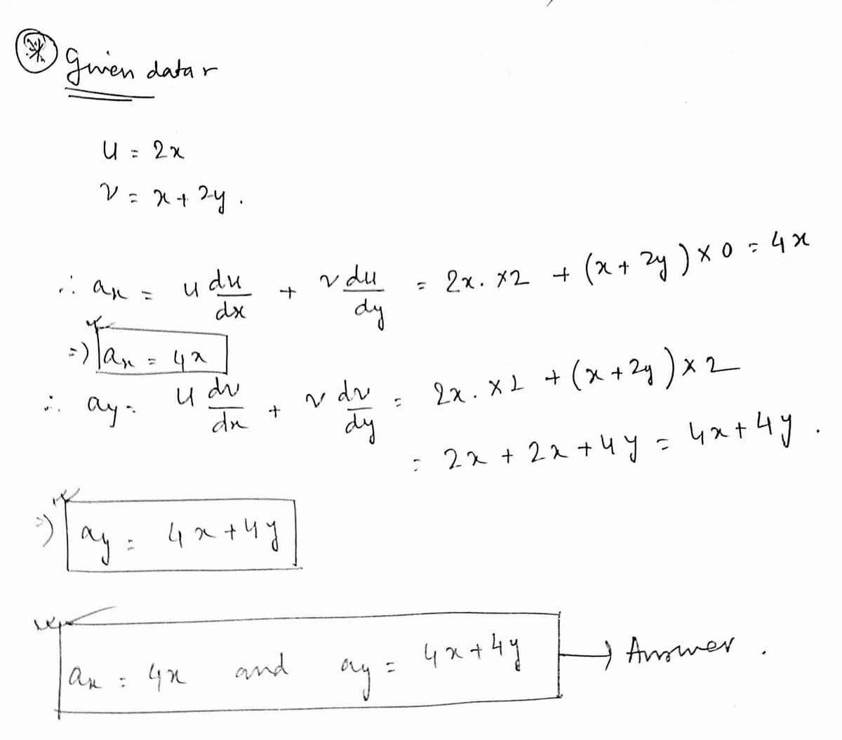 Gwen datar
%3D
du
dx
2x. x2 + (x+ zy)x 0 - 4x
dy
v du
Tan - ya]
-) lan
42
u du
dn +
2x. x2 + (x+24 ) x2
: ay-
v dr
dy
22 + 22 +4y=
4at4y
ay: 4a+4y
an: 4n
and
ay
→ Ammer
३। ३

