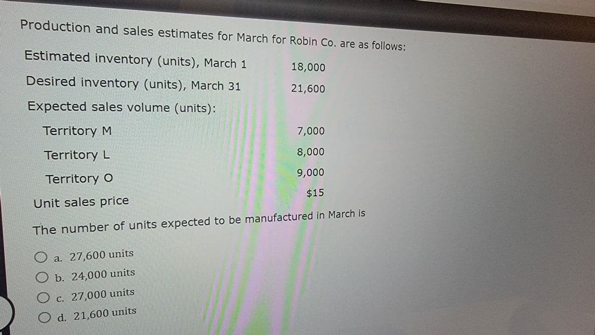 Production and sales estimates for March for Robin Co. are as follows:
Estimated inventory (units), March 1
Desired inventory (units), March 31
Expected sales volume (units):
Territory M
Territory L
Territory O
Unit sales price
18,000
21,600
7,000
8,000
9,000
$15
The number of units expected to be manufactured in March is
a. 27,600 units
Ob. 24,000 units
c. 27,000 units
Od. 21,600 units