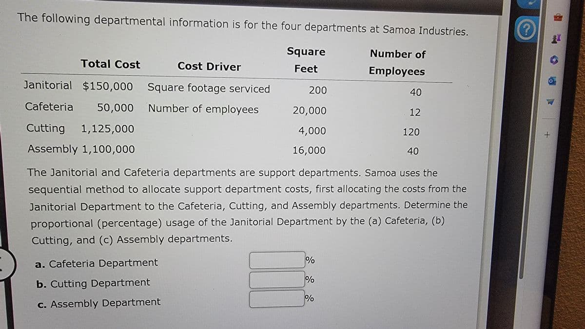 The following departmental information is for the four departments at Samoa Industries.
Number of
Total Cost
Cost Driver
Square
Feet
Employees
Janitorial $150,000 Square footage serviced
200
40
Cafeteria 50,000 Number of employees
20,000
12
Cutting 1,125,000
Assembly 1,100,000
4,000
16,000
120
40
?
The Janitorial and Cafeteria departments are support departments. Samoa uses the
sequential method to allocate support department costs, first allocating the costs from the
Janitorial Department to the Cafeteria, Cutting, and Assembly departments. Determine the
proportional (percentage) usage of the Janitorial Department by the (a) Cafeteria, (b)
Cutting, and (c) Assembly departments.
a. Cafeteria Department
b. Cutting Department
c. Assembly Department
%
%
%
+