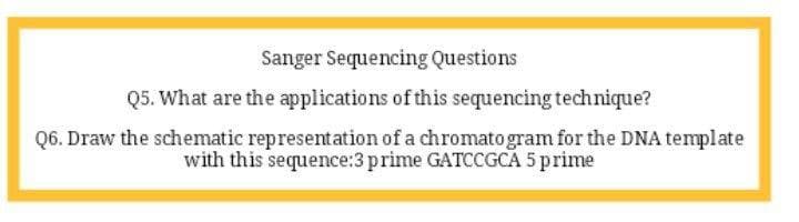 Sanger Sequencing Questions
Q5. What are the applications of this sequencing technique?
Q6. Draw the schematic representation of a chromato gram for the DNA template
with this sequence:3 prime GATCCGCA 5 prime

