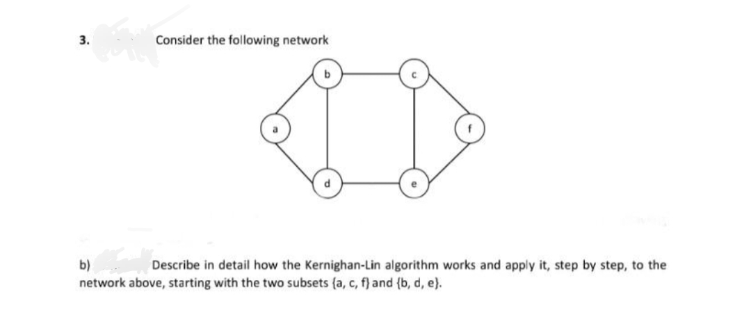 3.
Consider the following network
b)
Describe in detail how the Kernighan-Lin algorithm works and apply it, step by step, to the
network above, starting with the two subsets (a, c, f) and (b, d, e).