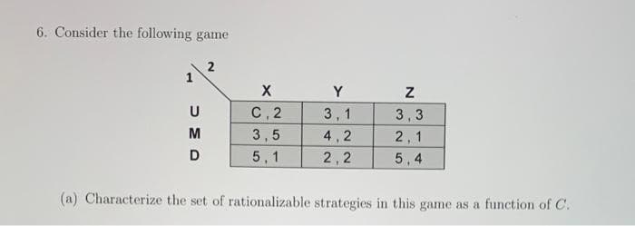 6. Consider the following game
U
M
D
2
X
C,2
3,5
5,1
Y
3,1
4,2
2,2
Z
3,3
2,1
5,4
(a) Characterize the set of rationalizable strategies in this game as a function of C.