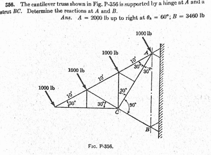 S66. The cantilever truss shown in Fig. P-356 is supported by a hinge at A and a
strut BC. Determine the reactions at A and B.
Ans. A = 2000 lh up to right at On ='60°; B = 3460 lb
%3D
1000 lb
1000 lb
10
30
30
1000 lb
1000 lb
10
10
30
30
30°
\90°
B
FIG. P-356.
