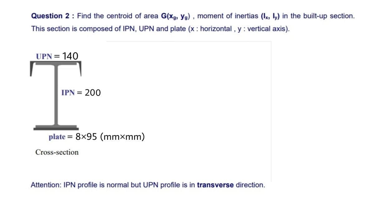Question 2: Find the centroid of area G(xg, yg), moment of inertias (Ix, ly) in the built-up section.
This section is composed of IPN, UPN and plate (x: horizontal, y: vertical axis).
UPN=140
IPN = 200
plate 8×95 (mmmm)
Cross-section
Attention: IPN profile is normal but UPN profile is in transverse direction.
