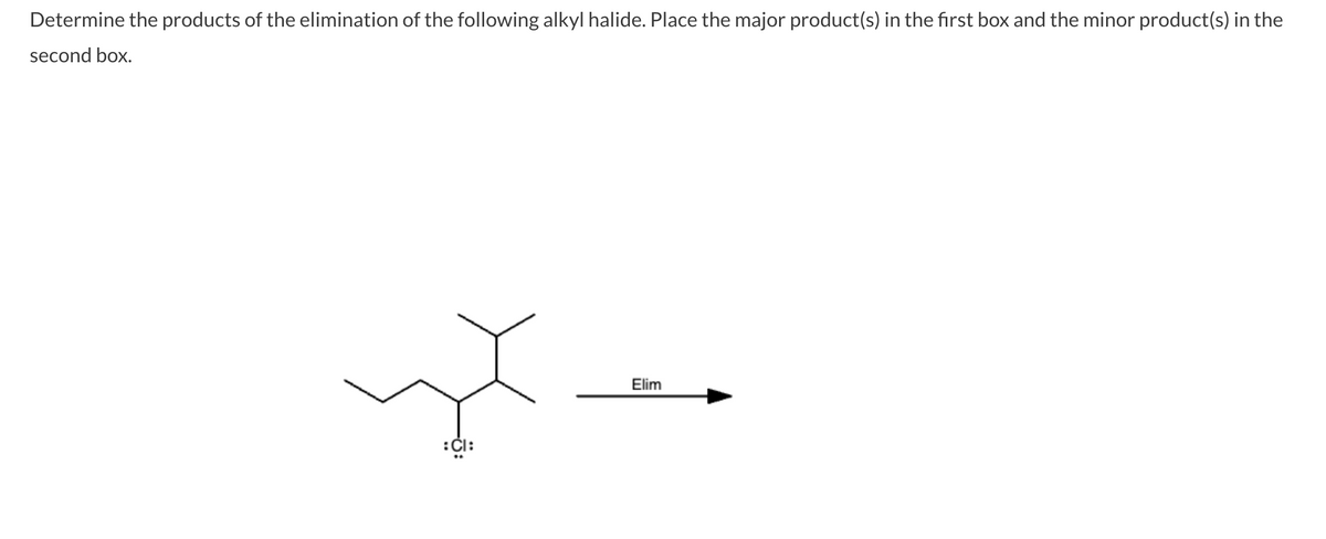 Determine the products of the elimination of the following alkyl halide. Place the major product(s) in the first box and the minor product(s) in the
second box.
ył
:CI:
Elim