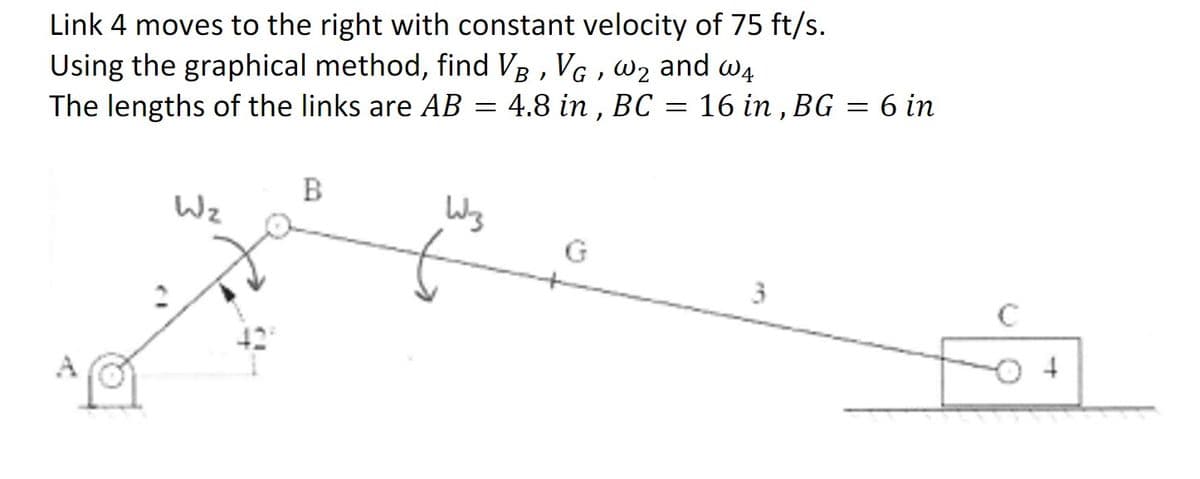 Link 4 moves to the right with constant velocity of 75 ft/s.
Using the graphical method, find VB, VG, W₂ and w4
The lengths of the links are AB
4.8 in, BC =
A9
W₂
B
=
W3
16 in, BG = 6 in
+