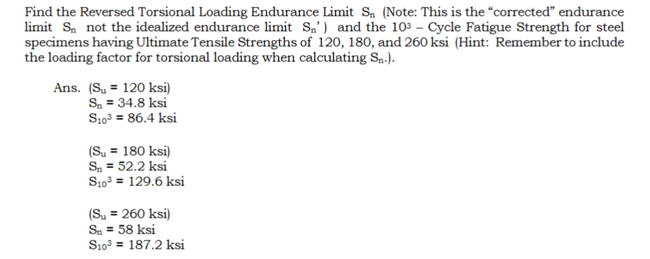 Find the Reversed Torsional Loading Endurance Limit S. (Note: This is the "corrected" endurance
limit S not the idealized endurance limit S₁') and the 103 - Cycle Fatigue Strength for steel
specimens having Ultimate Tensile Strengths of 120, 180, and 260 ksi (Hint: Remember to include
the loading factor for torsional loading when calculating Sn.).
120 ksi)
Ans. (Su
S₁ = 34.8 ksi
S103 = 86.4 ksi
(Su = 180 ksi)
Sn = 52.2 ksi
S10³ = 129.6 ksi
(Su = 260 ksi)
Sn = 58 ksi
S103 = 187.2 ksi