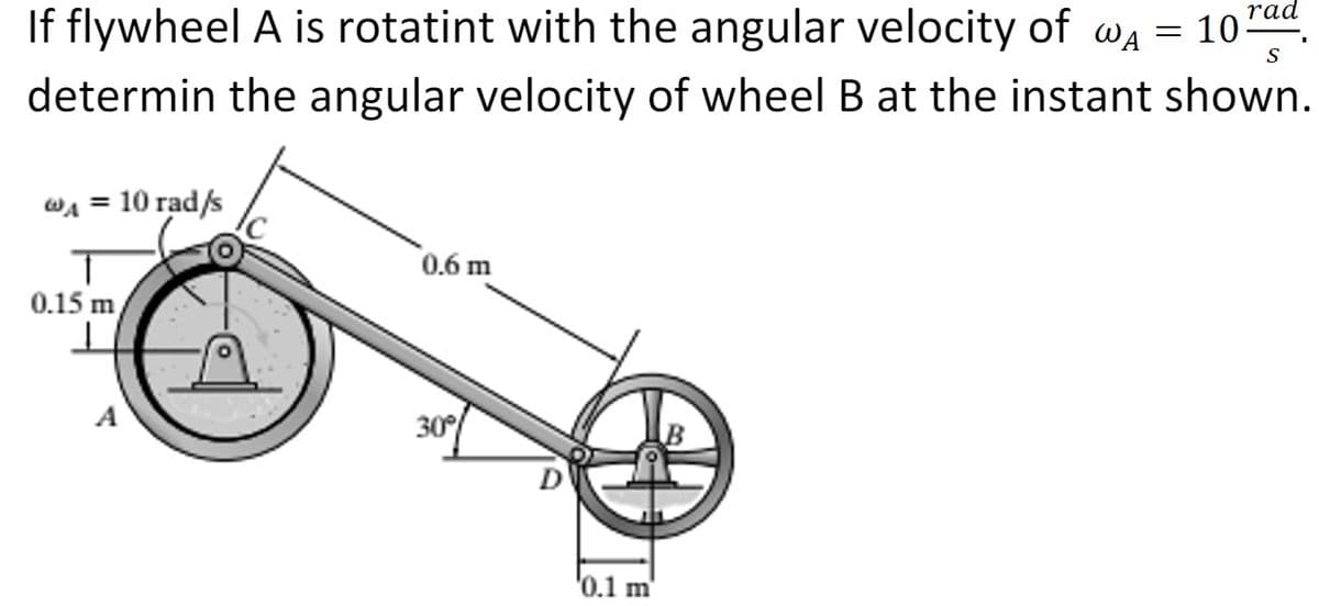 rad
S
If flywheel A is rotatint with the angular velocity of w₁ = 10¹a
WA
determin the angular velocity of wheel B at the instant shown.
WA = 10 rad/s
0.15 m
A
0.6 m
30°/
0.1 m