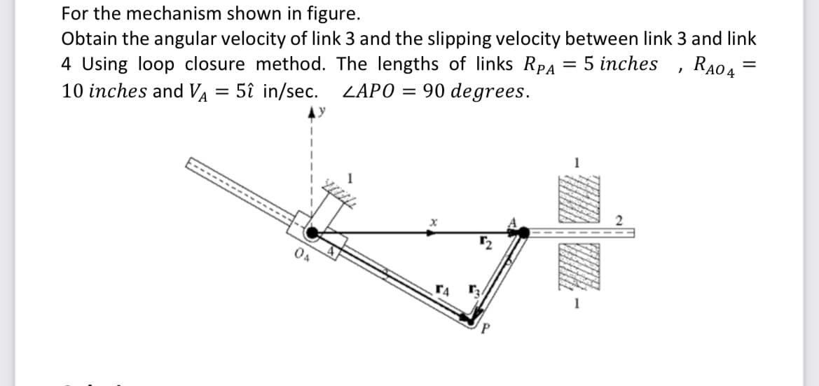 For the mechanism shown in figure.
Obtain the angular velocity of link 3 and the slipping velocity between link 3 and link
= 5 inches RAO 4
=
4 Using loop closure method. The lengths of links RPA
5î in/sec. LAPO = 90 degrees.
10 inches and VA
=
0&
TA
r₂
1
"