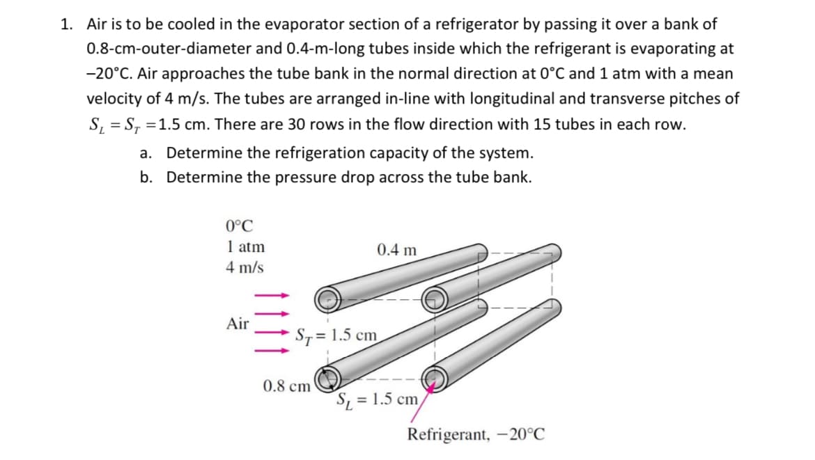 1. Air is to be cooled in the evaporator section of a refrigerator by passing it over a bank of
0.8-cm-outer-diameter and 0.4-m-long tubes inside which the refrigerant is evaporating at
-20°C. Air approaches the tube bank in the normal direction at 0°C and 1 atm with a mean
velocity of 4 m/s. The tubes are arranged in-line with longitudinal and transverse pitches of
S₁ =ST=1.5 cm. There are 30 rows in the flow direction with 15 tubes in each row.
a. Determine the refrigeration capacity of the system.
b. Determine the pressure drop across the tube bank.
0°C
1 atm
4 m/s
0.4 m
Air
ST=1.5 cm
0.8 cm
S₁ = 1.5 cm
Refrigerant, -20°C