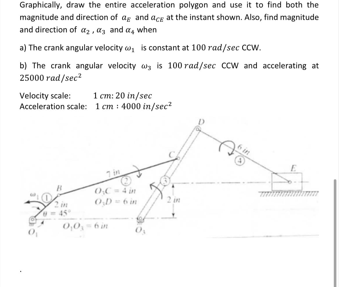 Graphically, draw the entire acceleration polygon and use it to find both the
magnitude and direction of a and ace at the instant shown. Also, find magnitude
and direction of a2, a3 and 4 when
a) The crank angular velocity w₁ is constant at 100 rad/sec CCW.
b) The crank angular velocity w3 is 100 rad/sec CCW and accelerating at
25000 rad/sec²
Velocity scale:
1 cm: 20 in/sec
Acceleration scale: 1 cm: 4000 in/sec²
B
0
0 = 45°
7 in
0₂C = 4 in
O₂D = 6 in
0,03 = 6 in
2 in