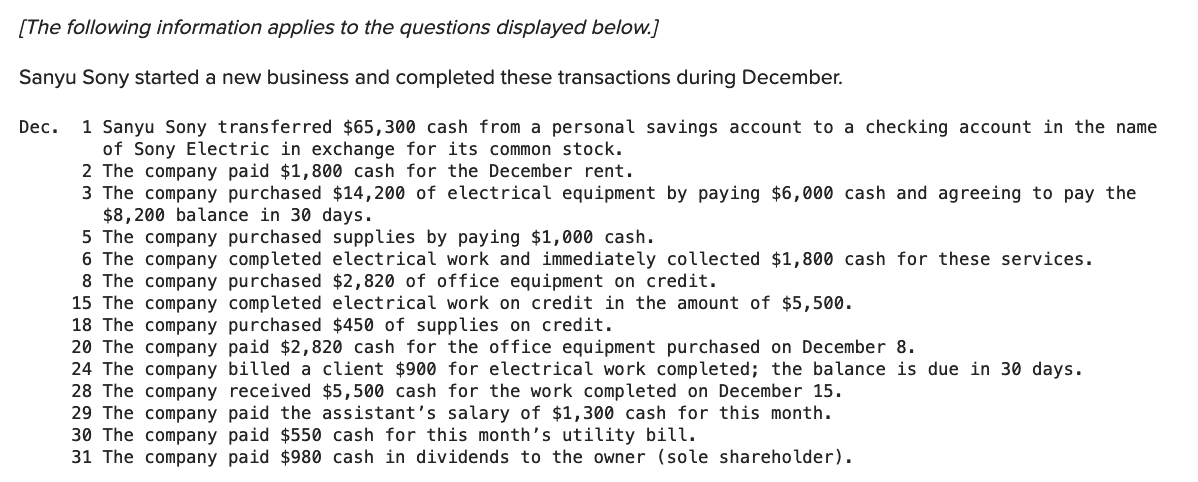 [The following information applies to the questions displayed below.]
Sanyu Sony started a new business and completed these transactions during December.
1 Sanyu Sony transferred $65,300 cash from a personal savings account to a checking account in the name
of Sony Electric in exchange for its common stock.
2 The company paid $1,800 cash for the December rent.
3 The company purchased $14,200 of electrical equipment by paying $6,000 cash and agreeing to pay the
$8,200 balance in 30 days.
5 The company purchased supplies by paying $1,000 cash.
6 The company completed electrical work and immediately collected $1,800 cash for these services.
8 The company purchased $2,820 of office equipment on credit.
15 The company completed electrical work on credit in the amount of $5,500.
18 The company purchased $450 of supplies on credit.
20 The company paid $2,820 cash for the office equipment purchased on December 8.
24 The company billed a client $900 for electrical work completed; the balance is due in 30 days.
28 The company received $5,500 cash for the work completed on December 15.
29 The company paid the assistant's salary of $1,300 cash for this month.
30 The company paid $550 cash for this month's utility bill.
31 The company paid $980 cash in dividends to the owner (sole shareholder).
Dec.
