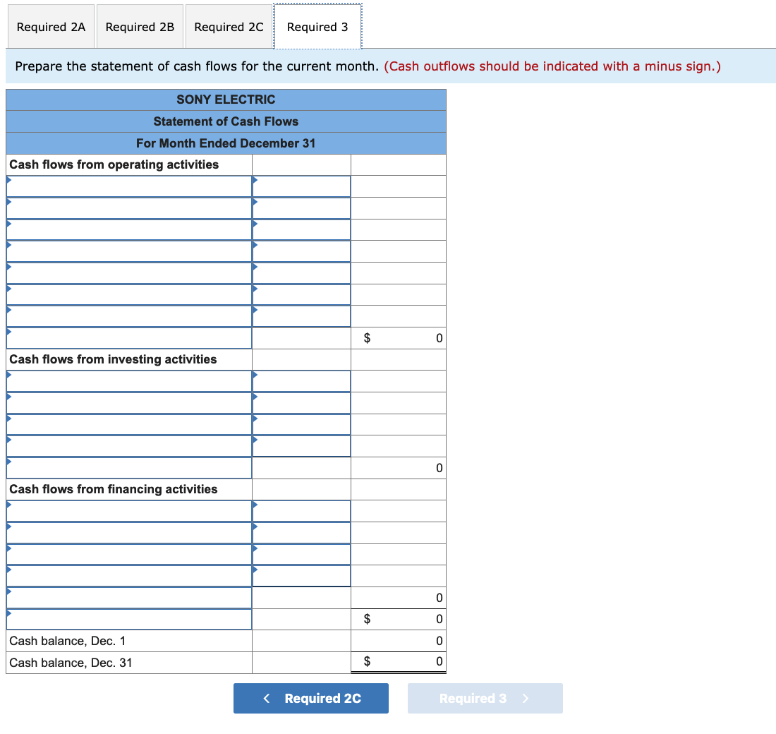 Required 2A
Required 2B
Required 20
Required 3
Prepare the statement of cash flows for the current month. (Cash outflows should be indicated with a minus sign.)
SONY ELECTRIC
Statement of Cash Flows
For Month Ended December 31
Cash flows from operating activities
$
Cash flows from investing activities
Cash flows from financing activities
$
Cash balance, Dec. 1
Cash balance, Dec. 31
$
< Required 2C
Required 3
O o o O
