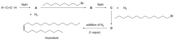 Br
NaH
H-C=C-H
NaH
Br
+ H2
addition of H2
(1 equiv)
muscalure
