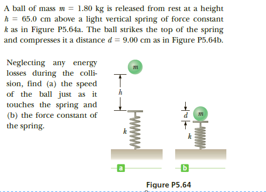 A ball of mass m = 1.80 kg is released from rest at a height
h = 65.0 cm above a light vertical spring of force constant
k as in Figure P5.64a. The ball strikes the top of the spring
and compresses it a distance d = 9.00 cm as in Figure P5.64b.
Neglecting any energy
losses during the colli-
sion, find (a) the speed
of the ball just as it
touches the spring and
(b) the force constant of
т
the spring.
ь
Figure P5.64
