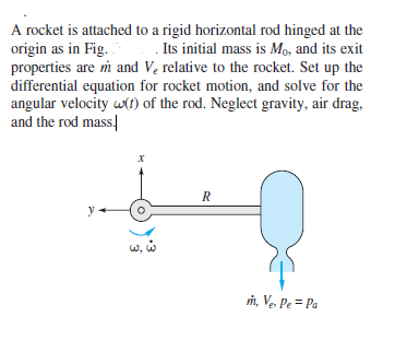 A rocket is attached to a rigid horizontal rod hinged at the
origin as in Fig.
properties are m and V, relative to the rocket. Set up the
differential equation for rocket motion, and solve for the
angular velocity w(t) of the rod. Neglect gravity, air drag,
and the rod mass.
. Its initial mass is Mọ, and its exit
y
w, w
m, Ve Pe = Pa
