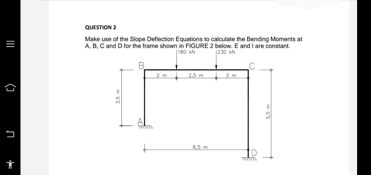 |||
()
U
i
QUESTION 2
Make use of the Slope Deflection Equations to calculate the Bending Moments at
A, B, C and D for the frame shown in FIGURE 2 below. E and I are constant.
180 kN
1230 KN
2 m
2,5 m
2 m
3,5 m
6,5 m
5,5 m