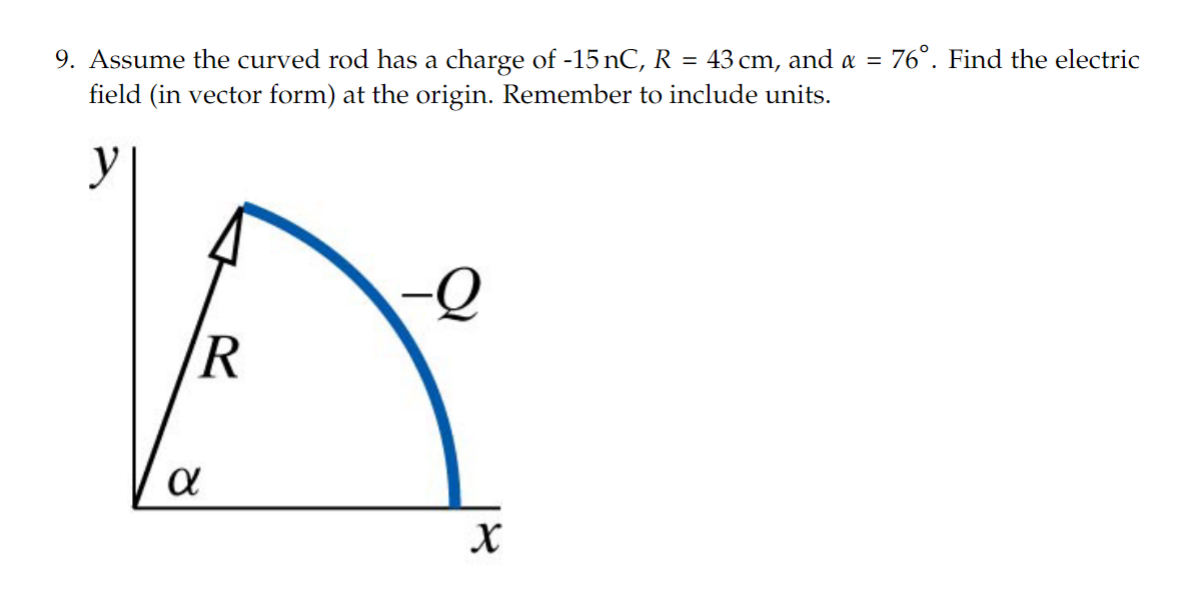 9. Assume the curved rod has a charge of -15 nC, R = 43 cm, and a = 76°. Find the electric
field (in vector form) at the origin. Remember to include units.
y
R
α
X