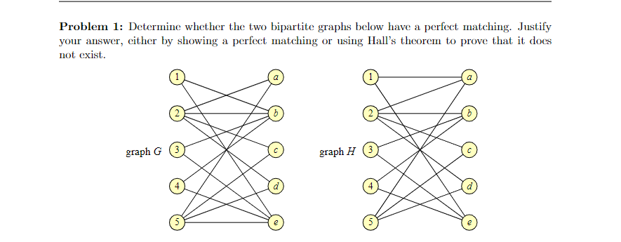 Problem 1: Determine whether the two bipartite graphs below have a perfect matching. Justify
your answer, either by showing a perfect matching or using Hall's theorem to prove that it does
not exist.
graph G (3)
graph H (3)