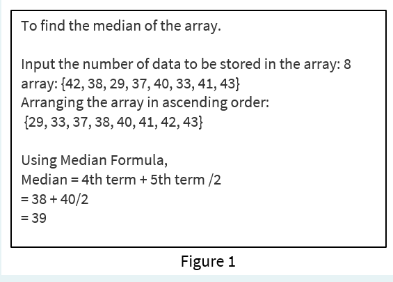 To find the median of the array.
Input the number of data to be stored in the array: 8
array: {42, 38, 29, 37, 40, 33, 41, 43}
Arranging the array in ascending order:
{29, 33, 37, 38, 40, 41, 42, 43}
Using Median Formula,
Median = 4th term + 5th term /2
= 38 + 40/2
= 39
%3D
Figure 1
