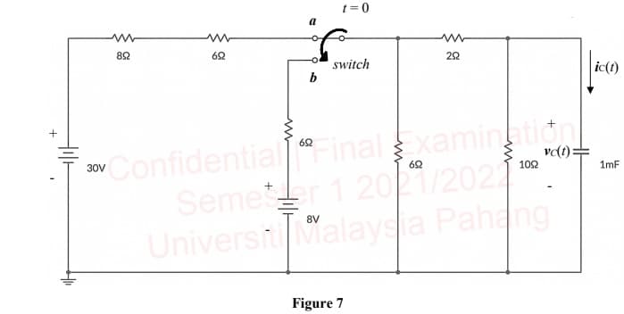 t= 0
22
switch
b
ic(t)
62
Confidentialinalxamination
vo(t):
30V
102
1mF
Semet
er 1 2021/202
8V
UniverstMalays a Pahang
Figure 7
영
Hil-
+
