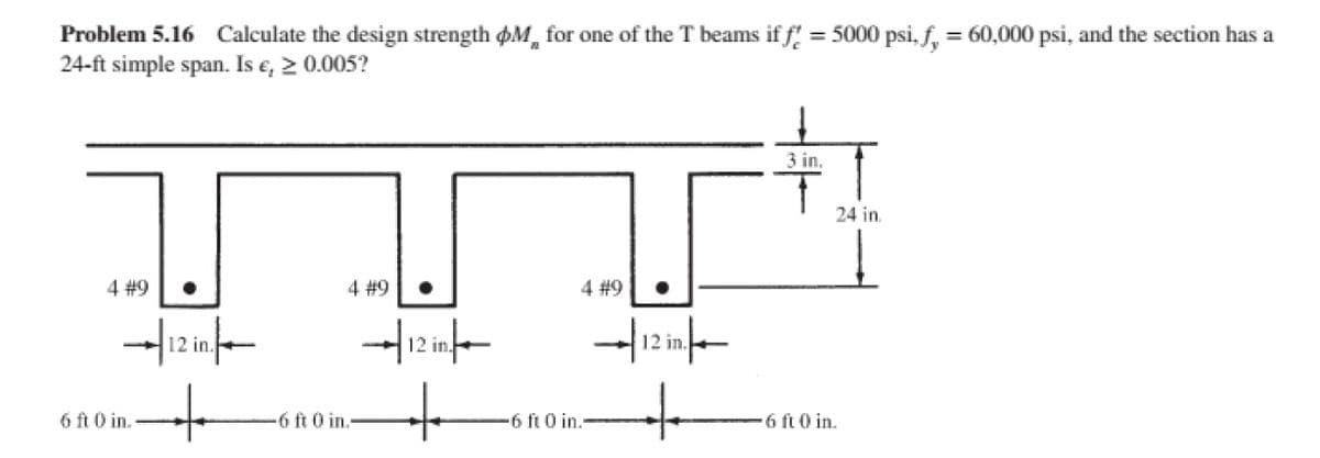 Problem 5.16 Calculate the design strength ØM, for one of the T beams if f = 5000 psi, f, = 60,000 psi, and the section has a
24-ft simple span. Is e, 2 0.005?
3 in.
24 in.
4 #9
4 #9
4 #9
info-
12 in.
12 in.
12 in.
6 ft 0 in.
-6 ft 0 in.
-6 ft 0 in.-
6 ft 0 in.
