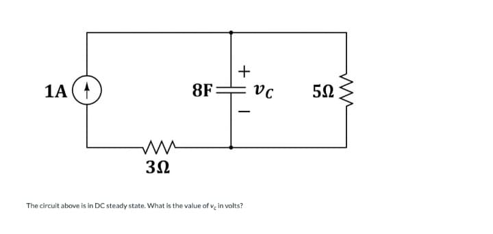 1A (A
ww
3Ω
+
8F VC
-
The circuit above is in DC steady state. What is the value of v, in volts?
5Ω