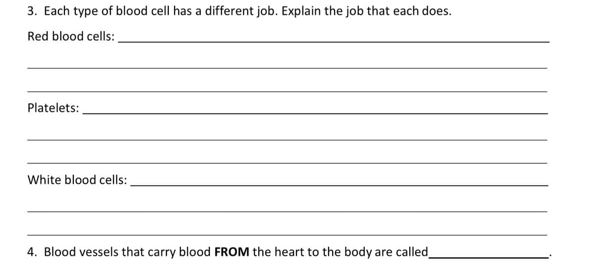 3. Each type of blood cell has a different job. Explain the job that each does.
Red blood cells:
Platelets:
White blood cells:
4. Blood vessels that carry blood FROM the heart to the body are called