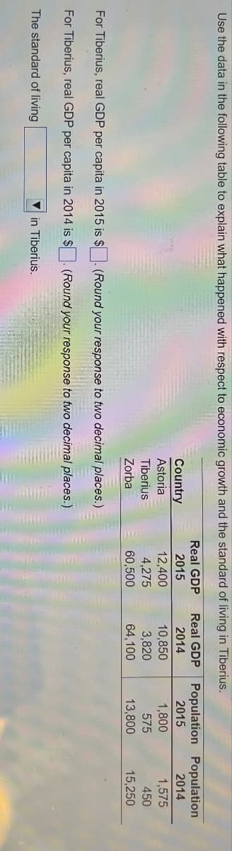 Use the data in the following table to explain what happened with respect to economic growth and the standard of living in Tiberius.
Real GDP
2014
Population Population
Real GDP
Country
2015
2015
2014
Astoria
12,400
10,850
1,800
1,575
Tiberius
4,275
3,820
575
450
Zorba
60,500
64,100
13,800
15,250
(Round your response to two decimal places.)
(Round your response to two decimal places.)
For Tiberius, real GDP per capita in 2015 is $
For Tiberius, real GDP per capita in 2014 is $
The standard of living
in Tiberius.