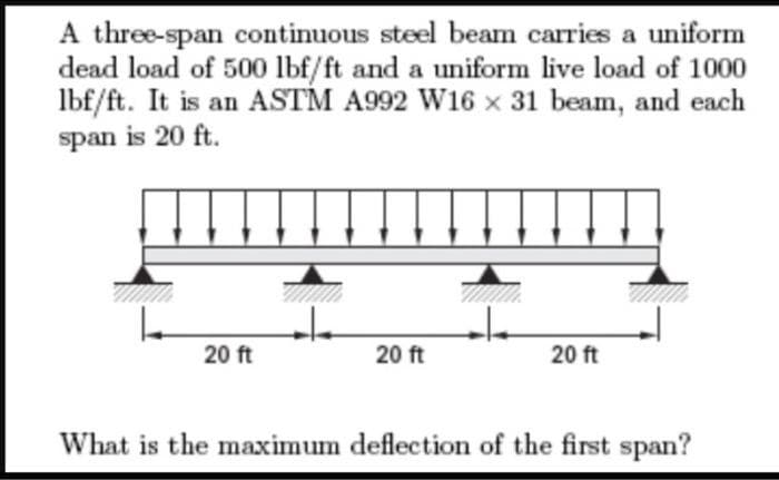 A three-span continuous steel beam carries a uniform
dead load of 500 lbf/ft and a uniform live load of 1000
lbf/ft. It is an ASTM A992 W16 x 31 beam, and each
span is 20 ft.
20 ft
20 ft
20 ft
What is the maximum deflection of the first span?