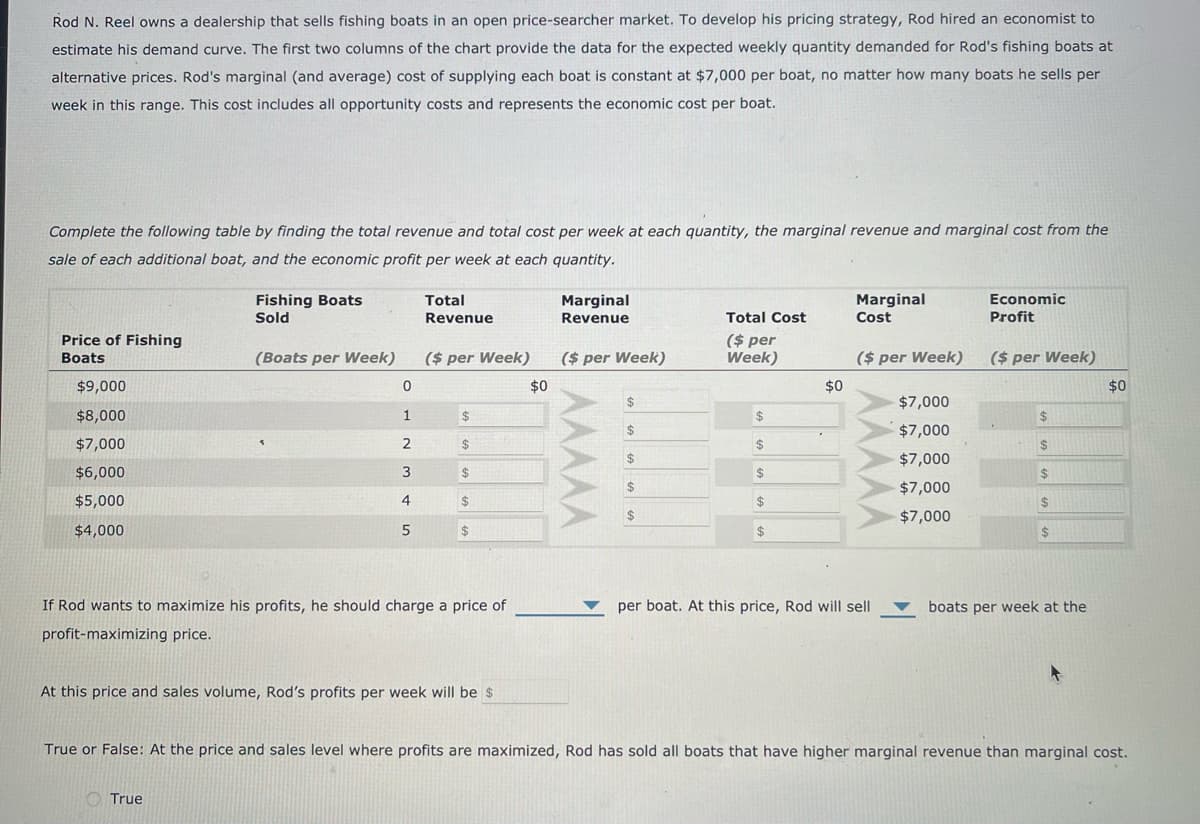 Rod N. Reel owns a dealership that sells fishing boats in an open price-searcher market. To develop his pricing strategy, Rod hired an economist to
estimate his demand curve. The first two columns of the chart provide the data for the expected weekly quantity demanded for Rod's fishing boats at
alternative prices. Rod's marginal (and average) cost of supplying each boat is constant at $7,000 per boat, no matter how many boats he sells per
week in this range. This cost includes all opportunity costs and represents the economic cost per boat.
Complete the following table by finding the total revenue and total cost per week at each quantity, the marginal revenue and marginal cost from the
sale of each additional boat, and the economic profit per week at each quantity.
Price of Fishing
Boats
$9,000
$8,000
$7,000
$6,000
$5,000
$4,000
Fishing Boats
Sold
(Boats per Week)
0
1
2
3
4
5
True
Total
Revenue
($ per Week)
$
$
$
$
$
If Rod wants to maximize his profits, he should charge a price of
profit-maximizing price.
At this price and sales volume, Rod's profits per week will be $
$0
Marginal
Revenue
($ per Week)
AAAAA
$
$
$
$
$
Total Cost
($ per
Week)
$
$
$
$
$
$0
Marginal
Cost
($ per week)
per boat. At this price, Rod will sell
$7,000
$7,000
$7,000
$7,000
$7,000
Economic
Profit
($ per Week)
$
$
$
$
$
boats per week at the
$0
True or False: At the price and sales level where profits are maximized, Rod has sold all boats that have higher marginal revenue than marginal cost.