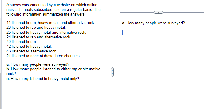 A survey was conducted by a website on which online
music channels subscribers use on a regular basis. The
following information summarizes the answers.
11 listened to rap, heavy metal, and alternative rock.
20 listened to rap and heavy metal.
25 listened to heavy metal and alternative rock.
24 listened to rap and alternative rock.
40 listened to rap.
42 listened to heavy metal.
43 listened to alternative rock.
21 listened to none of these three channels.
a. How many people were surveyed?
b. How many people listened to either rap or alternative
rock?
c. How many listened to heavy metal only?
C
a. How many people were surveyed?
