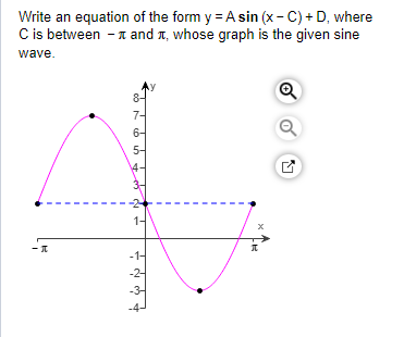 Write an equation of the form y = A sin (x-C) + D, where
C is between - and , whose graph is the given sine
wave.
-I
8-
76
6-
5-
1-
Ņ
X
Л
