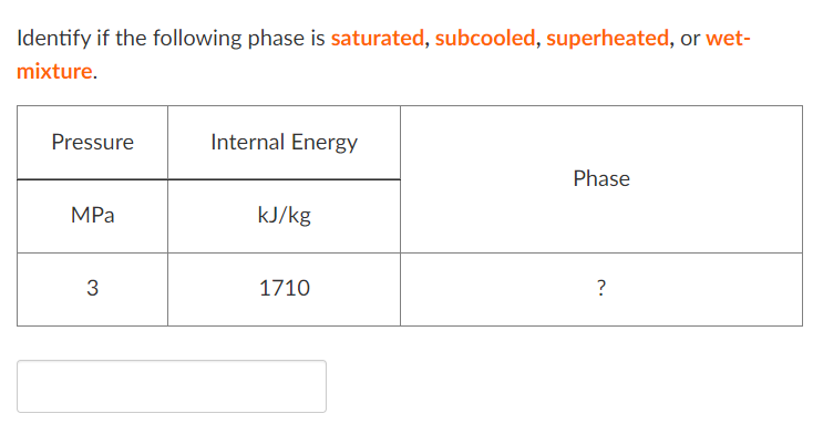 Identify if the following phase is saturated, subcooled, superheated, or wet-
mixture.
Pressure
Internal Energy
Phase
MPa
kJ/kg
3
1710
