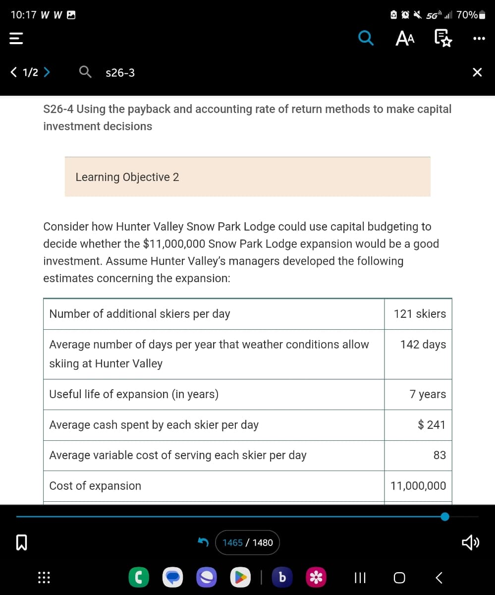 10:17 W W
< 1/2 >
n
s26-3
S26-4 Using the payback and accounting rate of return methods to make capital
investment decisions
Learning Objective 2
:::
Consider how Hunter Valley Snow Park Lodge could use capital budgeting to
decide whether the $11,000,000 Snow Park Lodge expansion would be a good
investment. Assume Hunter Valley's managers developed the following
estimates concerning the expansion:
Number of additional skiers per day
Average number of days per year that weather conditions allow
skiing at Hunter Valley
Useful life of expansion (in years)
Average cash spent by each skier per day
Average variable cost of serving each skier per day
Cost of expansion
C
056ll 70%
QAA
1465/ 1480
| b
121 skiers
142 days
7 years
$ 241
83
11,000,000
||| 0 <
X