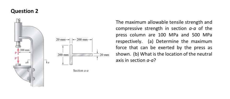 Question 2
300 mm
20 mm
В
ta
200 mm
-200 mm-
Section a-a
20 mm
The maximum allowable tensile strength and
compressive strength in section a-a of the
press column are 100 MPa and 500 MPa
respectively. (a) Determine the maximum
force that can be exerted by the press as
shown. (b) What is the location of the neutral
axis in section a-a?