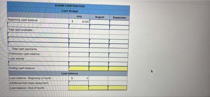 Beginning cash balance
Total cash available
Total cash payments
Preliminary cash balance
Loan activity
Ending cash balance
Loan balance - Beginning of month
Additional loan (loan repayment)
Loan balance - End of month
KARIM CORPORATION
Cash Budget
$
July
Loan balance
$
9,200
0
August
September
