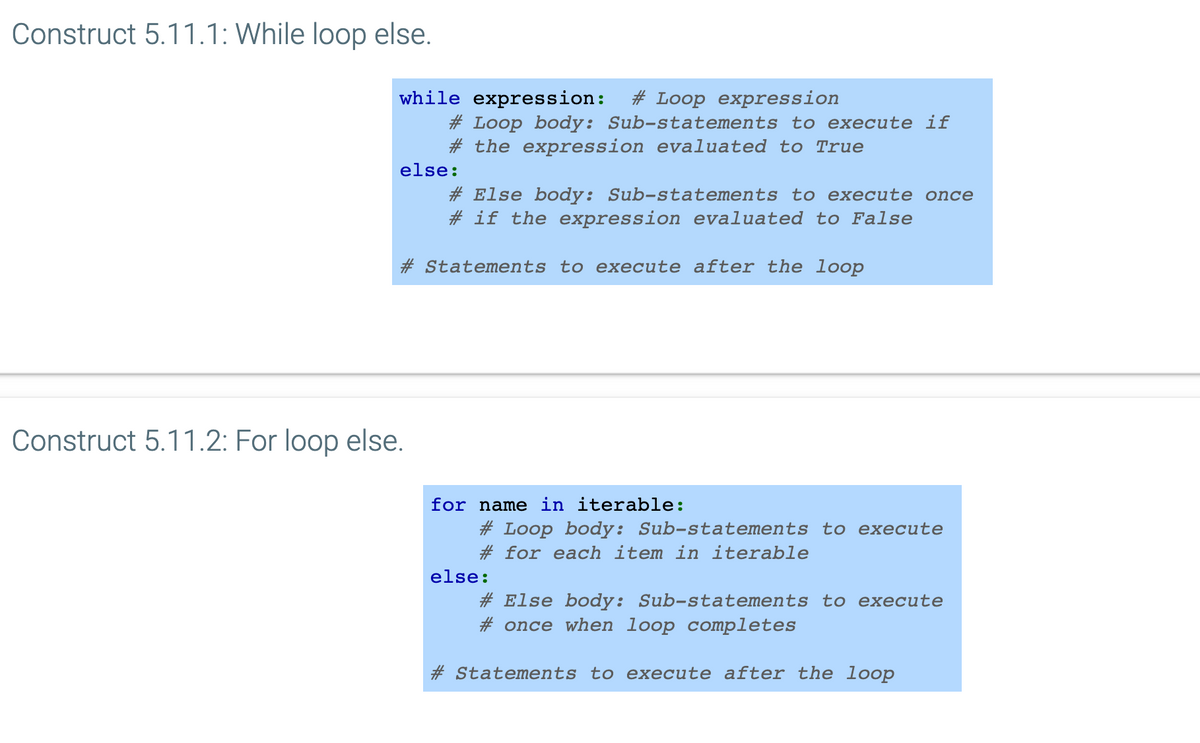 Construct 5.11.1: While loop else.
while expression: # Loop expression
#Loop body: Sub-statements to execute if
# the expression evaluated to True
else:
# Else body: Sub-statements to execute once
#if the expression evaluated to False
# Statements to execute after the loop
Construct 5.11.2: For loop else.
for name in iterable:
#Loop body: Sub-statements to execute
# for each item in iterable
else:
# Else body: Sub-statements to execute
#once when loop completes
# Statements to execute after the loop
