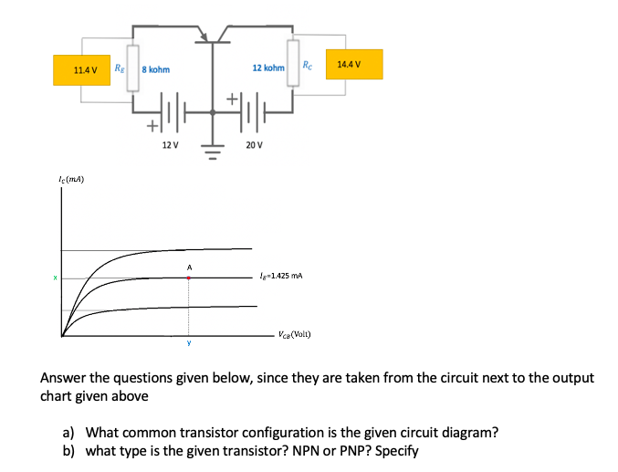 Re
14.4 V
11.4 V
Rg 8 kohm
12 kohm
12 V
20 V
le(mA)
A
!g-1.425 mA
Vee(Volt)
Answer the questions given below, since they are taken from the circuit next to the output
chart given above
a) What common transistor configuration is the given circuit diagram?
b) what type is the given transistor? NPN or PNP? Specify
