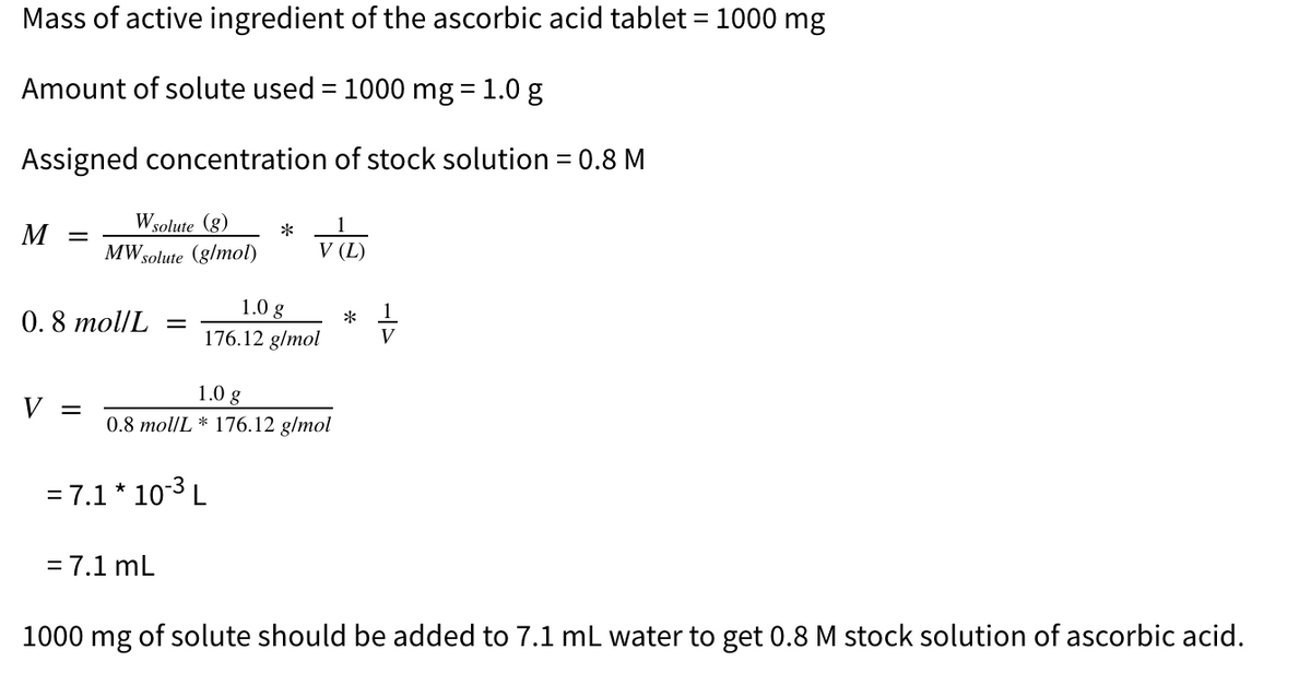 Mass of active ingredient of the ascorbic acid tablet = 1000 mg
Amount of solute used = 1000 mg = 1.0 g
Assigned concentration of stock solution = 0.8 M
M
Wsolute (g)
*
MWsolute (g/mol)
V (L)
0.8 mol/L =
1.0 g
*
V
1
176.12 g/mol
1.0 g
0.8 mol/L * 176.12 g/mol
V =
= 7.1 * 10-3 L
= 7.1 mL
%3D
1000 mg of solute should be added to 7.1 mL water to get 0.8 M stock solution of ascorbic acid.
