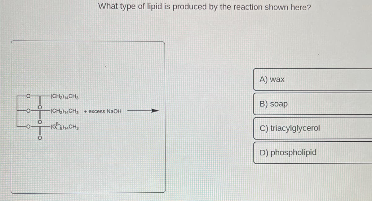 O
Eļ
-(CH2) 14CH3
What type of lipid is produced by the reaction shown here?
(CH₂)14CH3 + excess NaOH
-(₂)14CH3
A) wax
B) soap
C) triacylglycerol
D) phospholipid