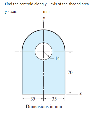 Find the centroid along y - axis of the shaded area.
y - axis =
mm.
y
14
70
-35--35–
Dimensions in mm
