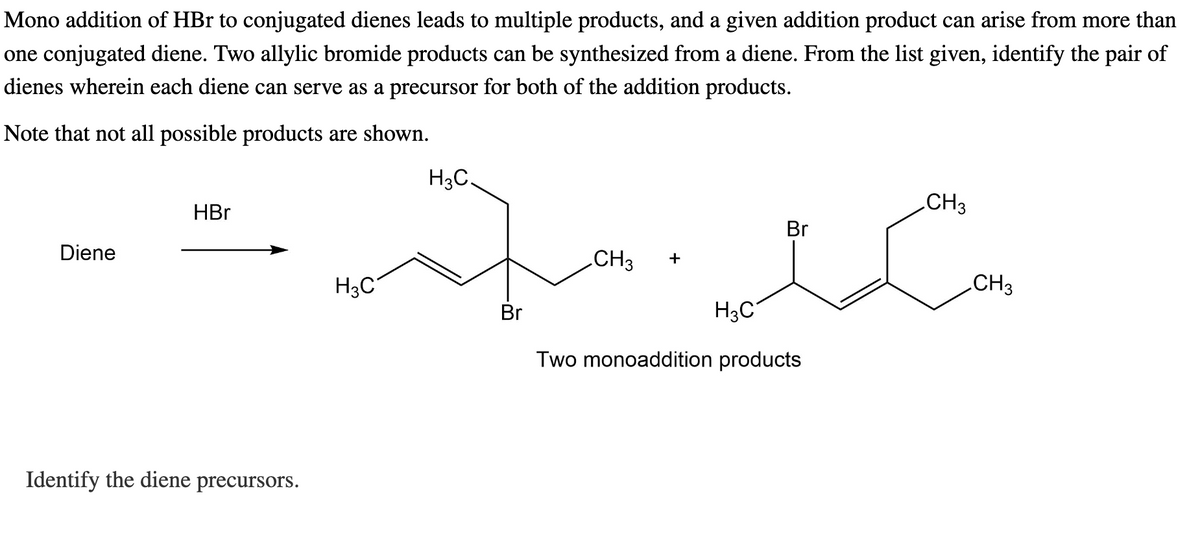 Mono addition of HBr to conjugated dienes leads to multiple products, and a given addition product can arise from more than
one conjugated diene. Two allylic bromide products can be synthesized from a diene. From the list given, identify the pair of
dienes wherein each diene can serve as a precursor for both of the addition products.
Note that not all possible products are shown.
Diene
HBr
Identify the diene precursors.
H3C
مک می
H3C.
Br
CH3
+
Br
H3C
Two monoaddition products
CH3
CH3