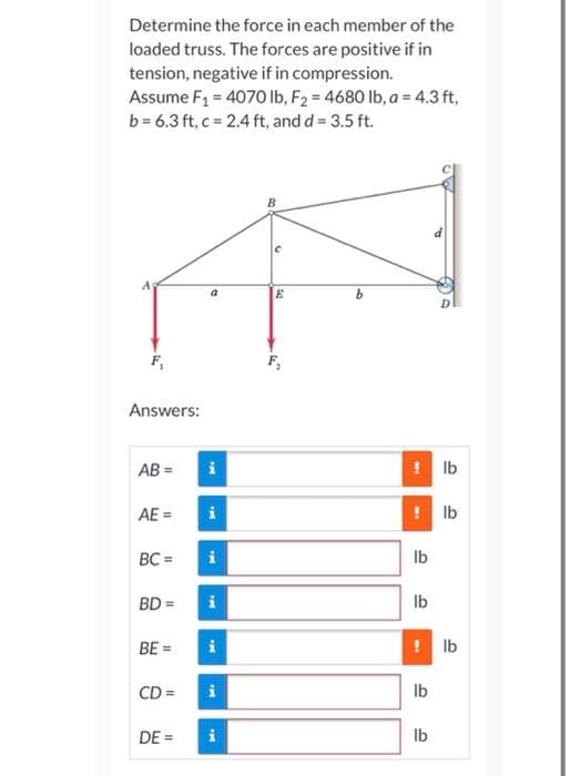 Determine the force in each member of the
loaded truss. The forces are positive if in
tension, negative if in compression.
Assume F1 = 4070 Ilb, F2 = 4680 lb, a = 4.3 ft,
b = 6.3 ft, c = 2.4 ft, and d= 3.5 ft.
E
Answers:
AB =
! Ib
AE =
! Ib
BC =
Ib
BD =
Ib
BE =
! Ib
CD =
Ib
DE =
i
Ib
