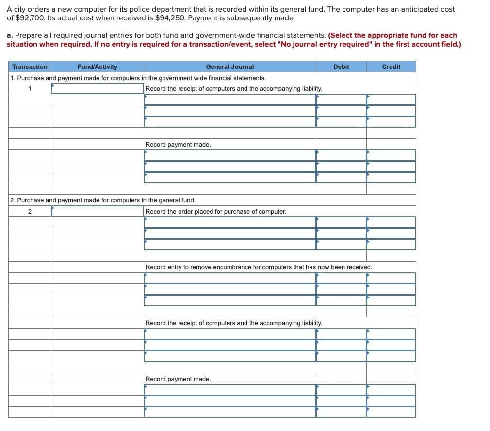 A city orders a new computer for its police department that is recorded within its general fund. The computer has an anticipated cost
of $92,700. Its actual cost when received is $94,250. Payment is subsequently made.
a. Prepare all required journal entries for both fund and government-wide financial statements. (Select the appropriate fund for each
situation when required. If no entry is required for a transaction/event, select "No journal entry required" in the first account field.)
Transaction
Fund/Activity
General Journal
1. Purchase and payment made for computers in the government wide financial statements.
1
Record the receipt of computers and the accompanying liability.
Record payment made.
2. Purchase and payment made for computers in the general fund.
2
Record the order placed for purchase of computer.
Debit
Record entry to remove encumbrance for computers that has now been received.
Record the receipt of computers and the accompanying liability.
Record payment made.
Credit