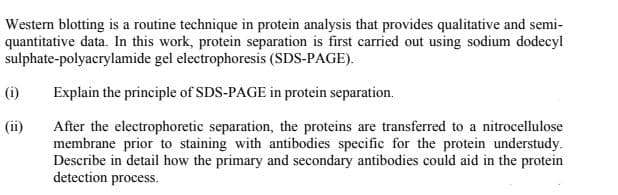 Western blotting is a routine technique in protein analysis that provides qualitative and semi-
quantitative data. In this work, protein separation is first carried out using sodium dodecyl
sulphate-polyacrylamide gel electrophoresis (SDS-PAGE).
(i)
Explain the principle of SDS-PAGE in protein separation.
After the electrophoretic separation, the proteins are transferred to a nitrocellulose
membrane prior to staining with antibodies specific for the protein understudy.
Describe in detail how the primary and secondary antibodies could aid in the protein
detection process.
(ii)

