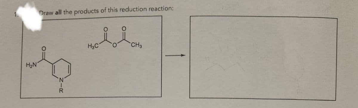 Draw all the products of this reduction reaction:
H₂N
NIR
H3C
CH3