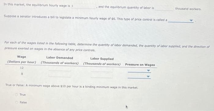 In this market, the equilibrium hourly wage is s
and the equilibrium quantity of labor is
thousand workers.
Suppose a senator introduces a bill to legislate a minimum hourly wage of $6. This type of price control is called a
For each of the wages listed in the following table, determine the quantity of labor demanded, the quantity of labor supplied, and the direction of
pressure exerted on wages in the absence of any price controls.
Wage
Labor Demanded
Labor Supplied
(Dollars per hour) (Thousands of workers) (Thousands of workers) Pressure on Wages
12
True or False: A minimum wage above $10 per hour is a binding minimum wage in this market.
True
False

