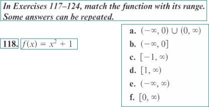 In Exercises 117-124, match the function with its range.
Some answers can be repeated.
118. f(x) = x² + 1
a. (-∞, 0) U (0, ∞)
b. (-∞, 0]
c. [-1, ∞)
d. [1,00)
e. (-∞0, ∞0)
f. [0, ∞)