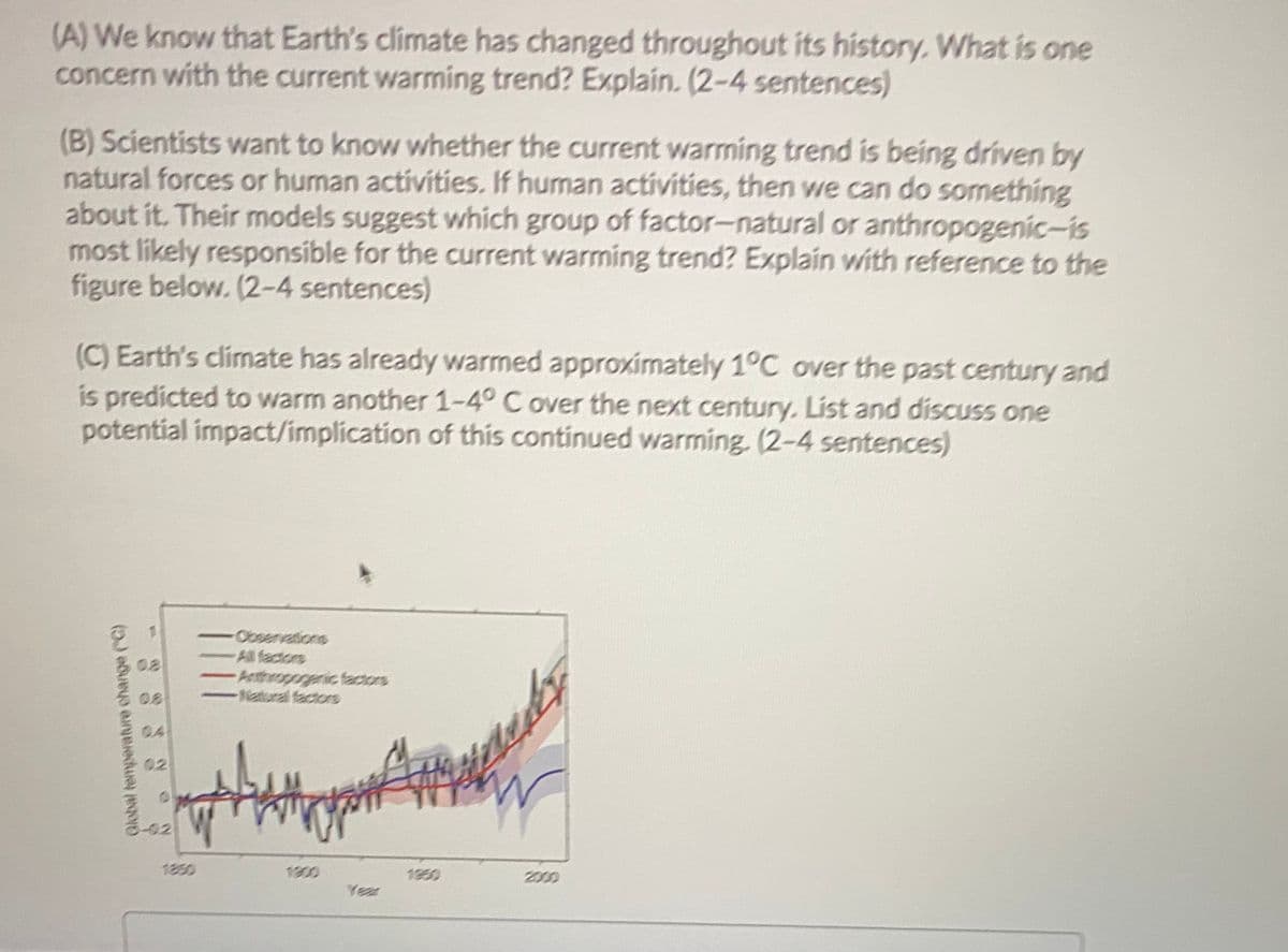 (A) We know that Earth's climate has changed throughout its history, What is one
concern with the current warming trend? Explain. (2-4 sentences)
(B) Scientists want to know whether the current warming trend is being driven by
natural forces or human activities. If human activities, then we can do something
about it. Their models suggest which group of factor-natural or anthropogenic-is
most likely responsible for the current warming trend? Explain with reference to the
figure below. (2-4 sentences)
(C) Earth's climate has already warmed approximately 1°C over the past century and
is predicted to warm another 1-4° C over the next century. List and discuss one
potential impact/implication of this continued warming. (2-4 sentences)
Obsenvations
All factors
Arthropogenic facors
-Natural factors
08
04
02
-02
1850
1900
1950
200
Year
Qlobal temperature change ("C)
